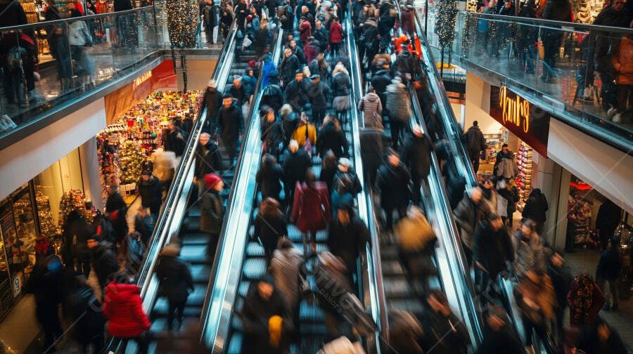 Pessoas em escadas rolantes movimentadas em shopping center durante compras de Natal