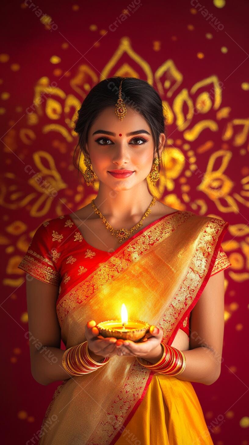 Mulher indiana sorrindo segurando lâmpada diya dourada para Diwali