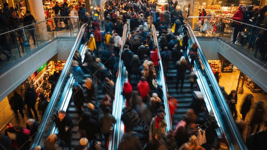 Multidão de pessoas em escadas rolantes movimentadas de shopping center