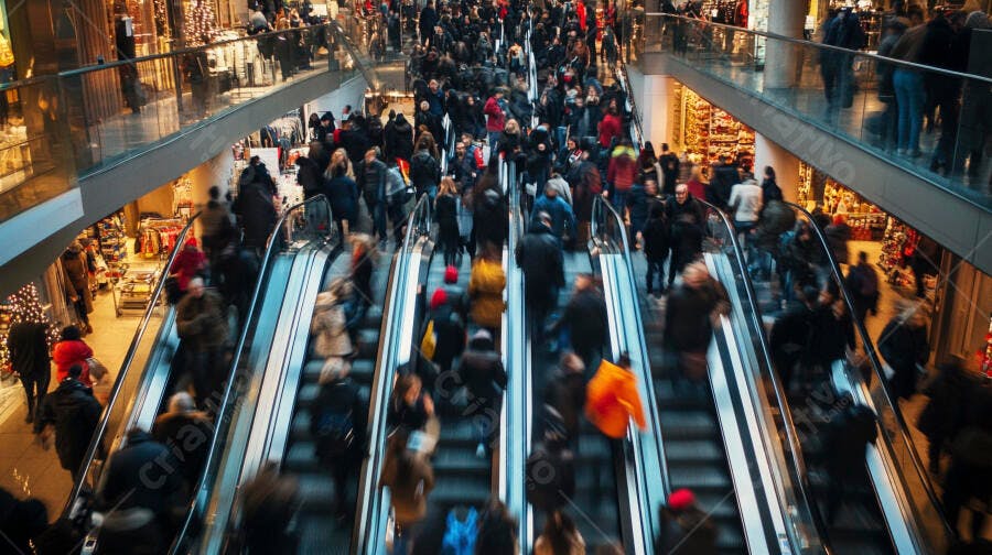 Multidão de pessoas descendo e subindo escadas rolantes em shopping center movimentado
