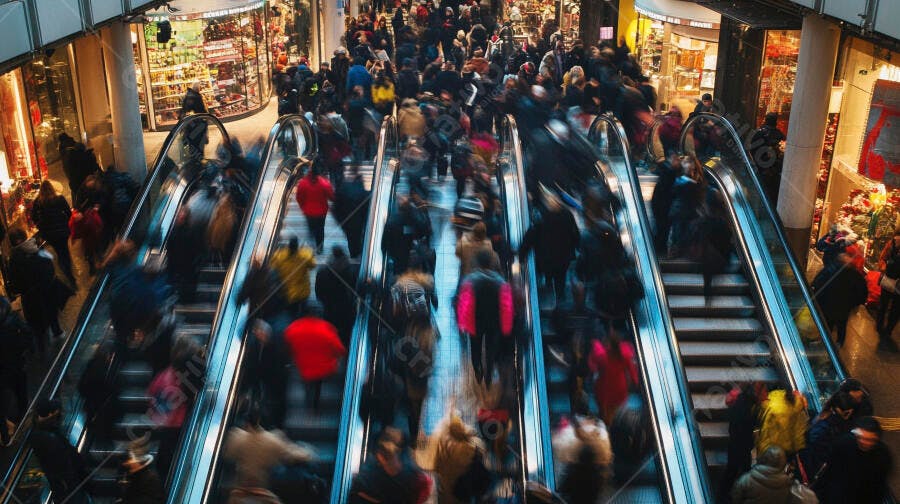 Pessoas em escadas rolantes de shopping com cores vibrantes e efeito de movimento