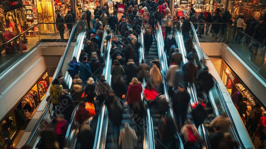 Multidão de pessoas com roupas escuras e vermelhas em escadas rolantes de shopping