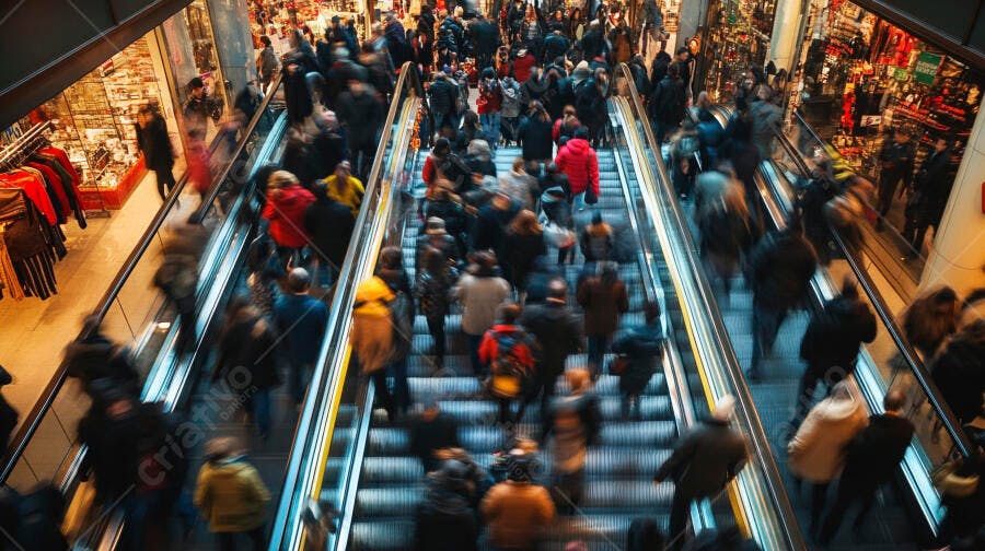 Multidão de pessoas usando escadas rolantes em shopping center movimentado