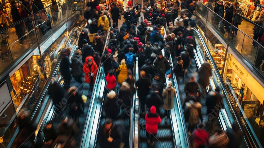 Pessoas diversas em escada rolante movimentada de shopping center moderno