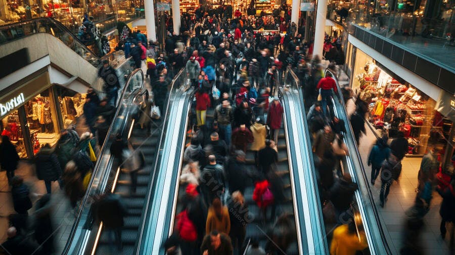 Multidão de pessoas movimentando-se em escadas rolantes de shopping center