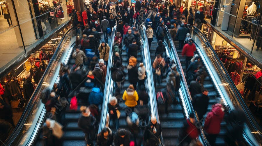Multidão em movimento nas escadas rolantes de shopping center moderno com luzes vibrantes