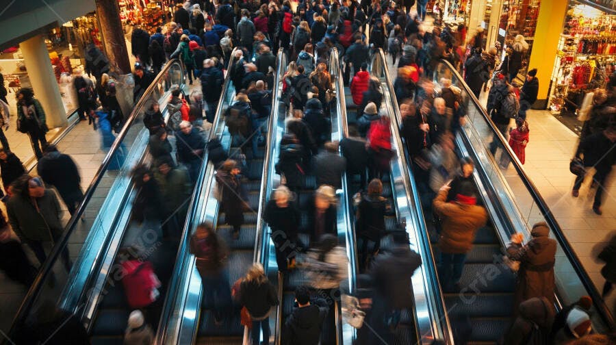 Multidão de pessoas diversas subindo escadas rolantes em shopping movimentado