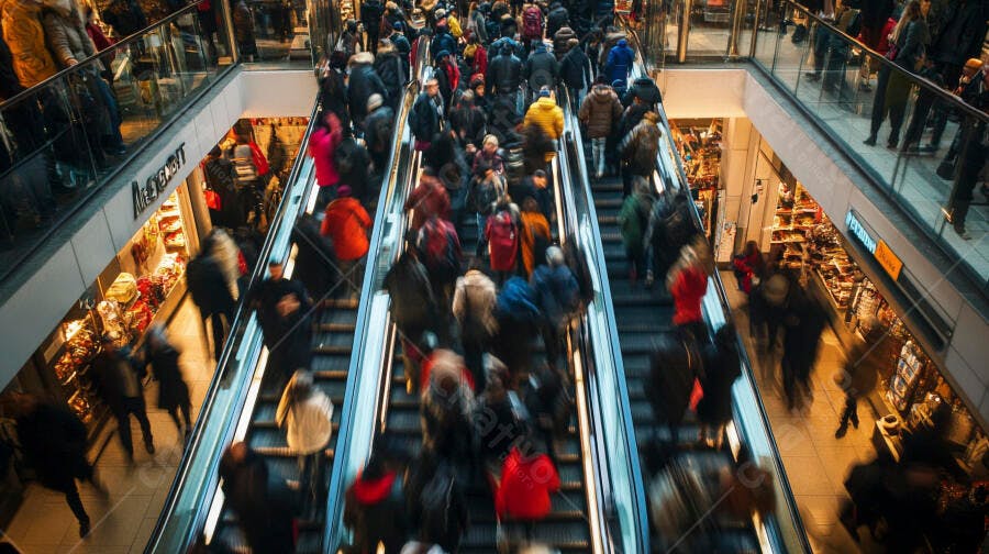 Multidão de pessoas em escadas rolantes de shopping center movimentado