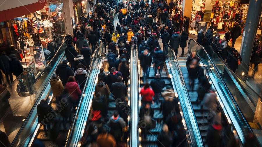 Pessoas subindo e descendo escadas rolantes em shopping center movimentado