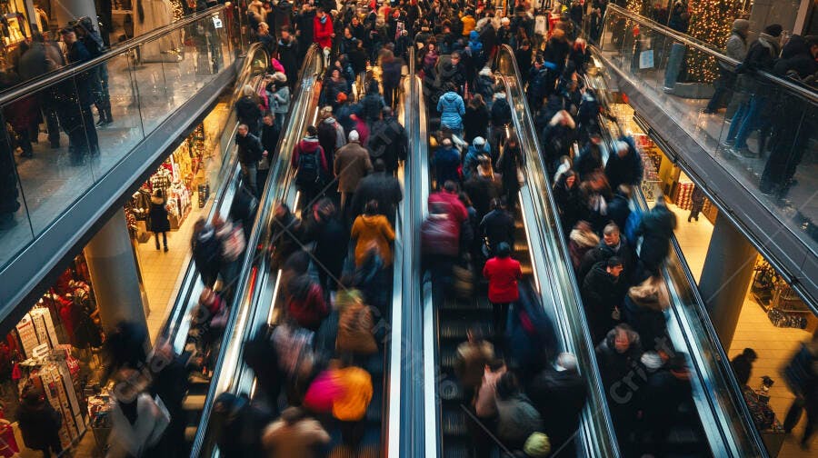 Compradores descendo escadas rolantes em shopping movimentado na temporada de festas