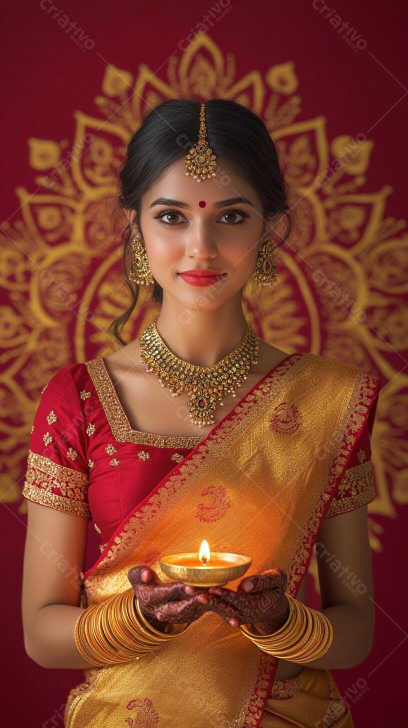 Mulher indiana sorridente com diya em traje tradicional vermelho e dourado Diwali