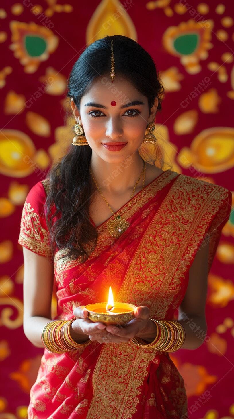Mulher indiana de saree vermelho e dourado segurando diya aceso para Diwali