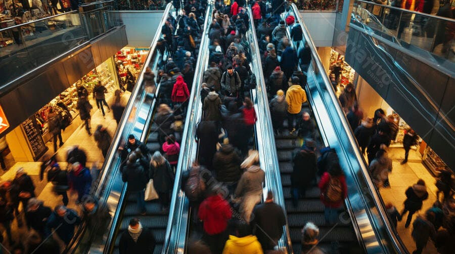 Multidão de pessoas em escadas rolantes de shopping movimentado com luzes quentes