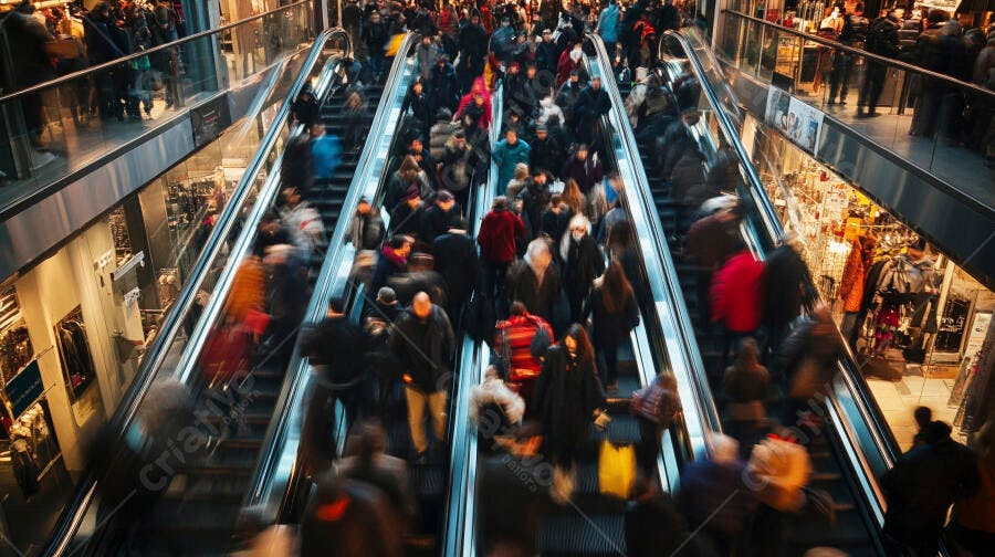 Multidão de pessoas em escadas rolantes de shopping center moderno