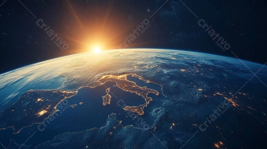 Planeta Terra visto do espaço nascer do sol sobre Europa com luzes de cidades