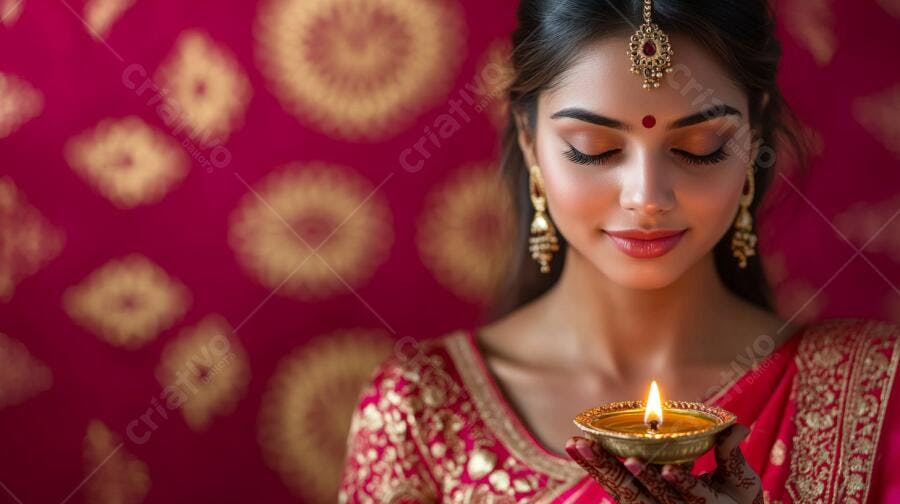 Jovem mulher indiana em sari vermelho dourado segurando diya de Diwali