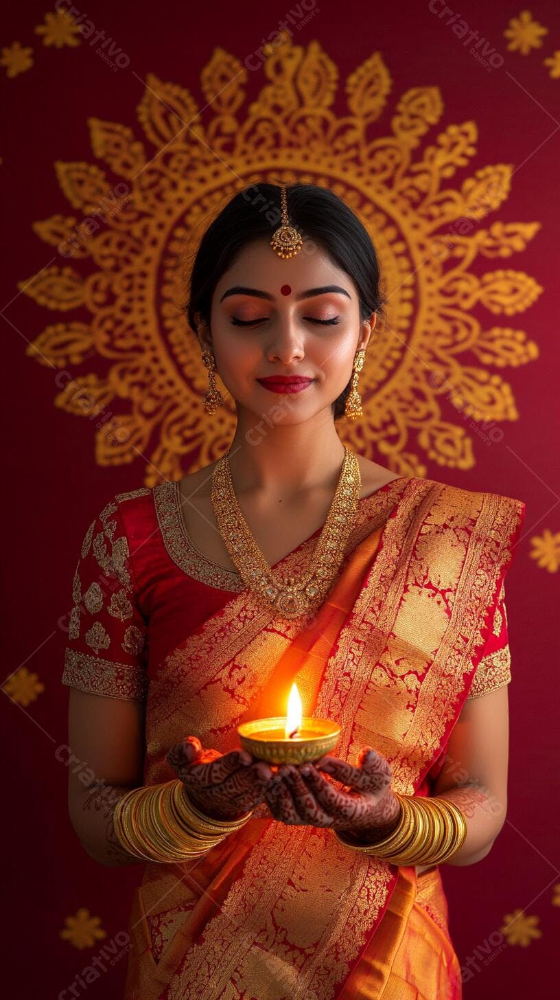 Mulher indiana com sári vermelho ouro segurando diya para celebração Diwali