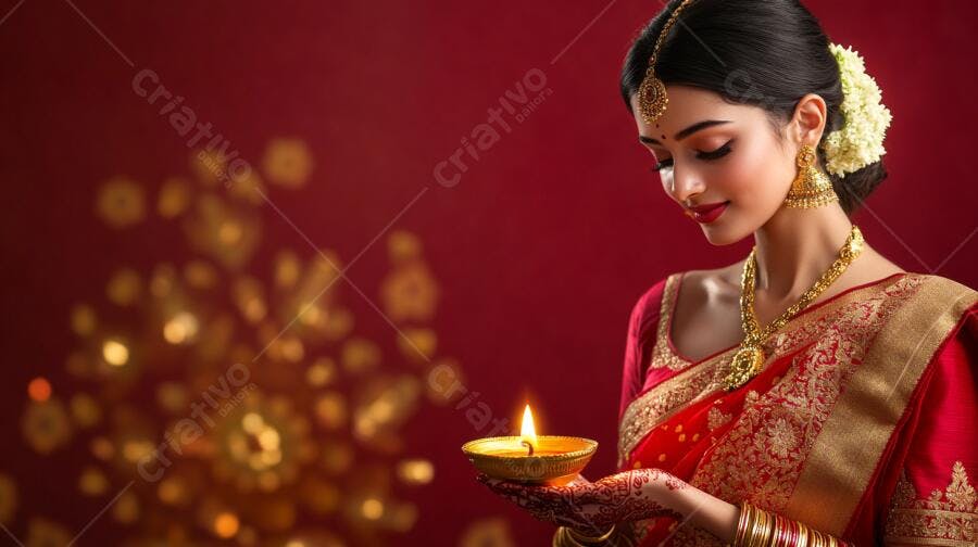 Mulher indiana celebrando Diwali com diya em sari vermelho e dourado