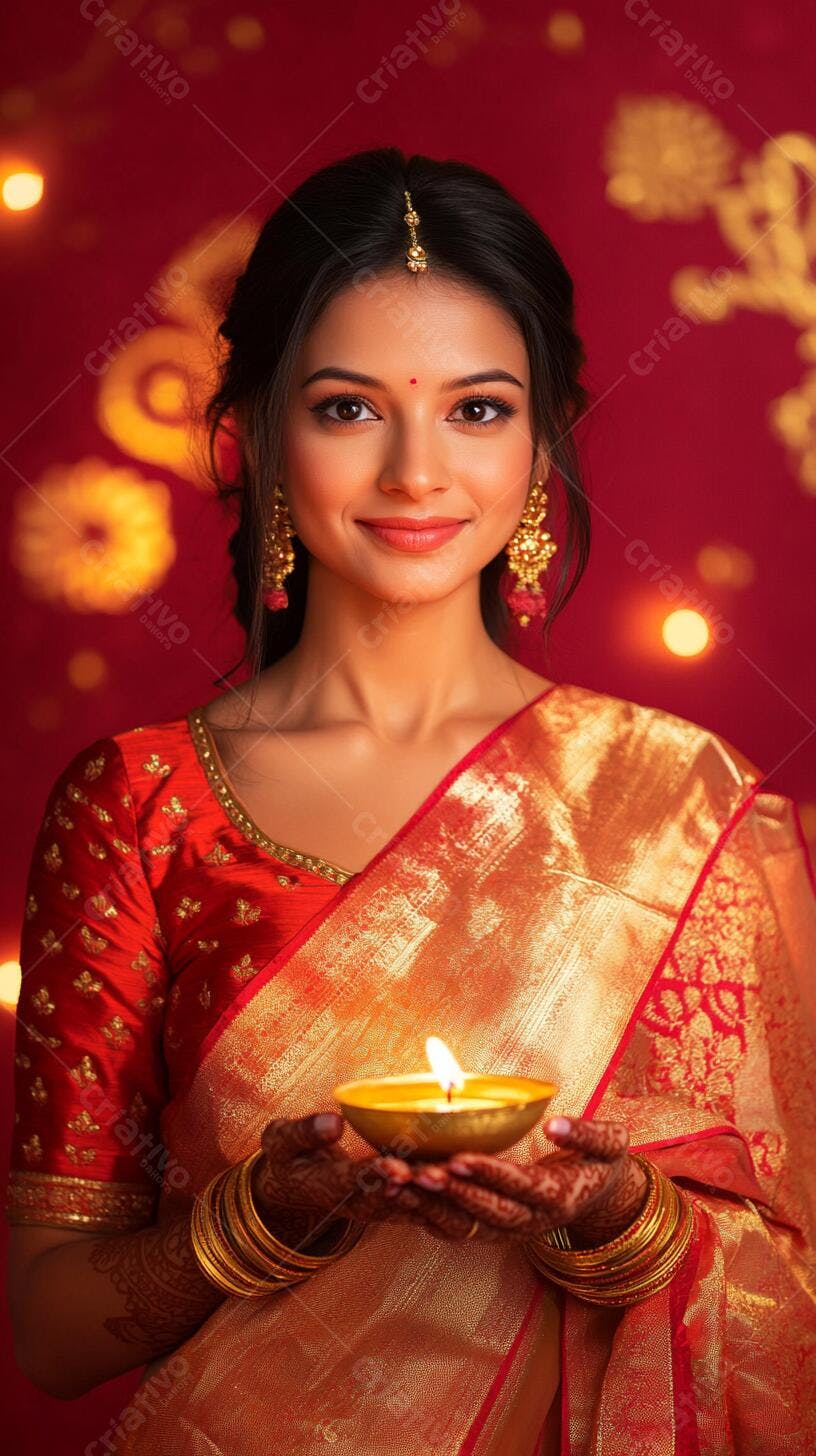 Mulher indiana sorrindo em saree vermelho dourado com diya aceso
