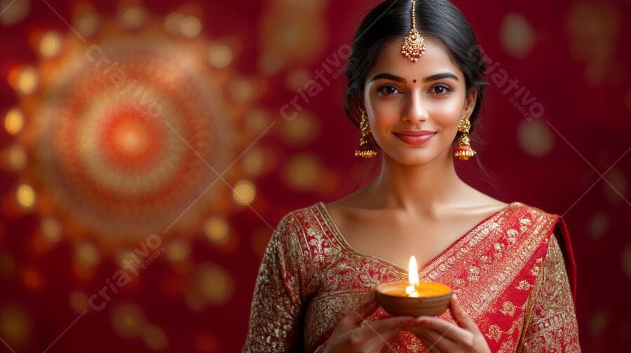 Mulher indiana sorridente segurando diya acesa para Diwali