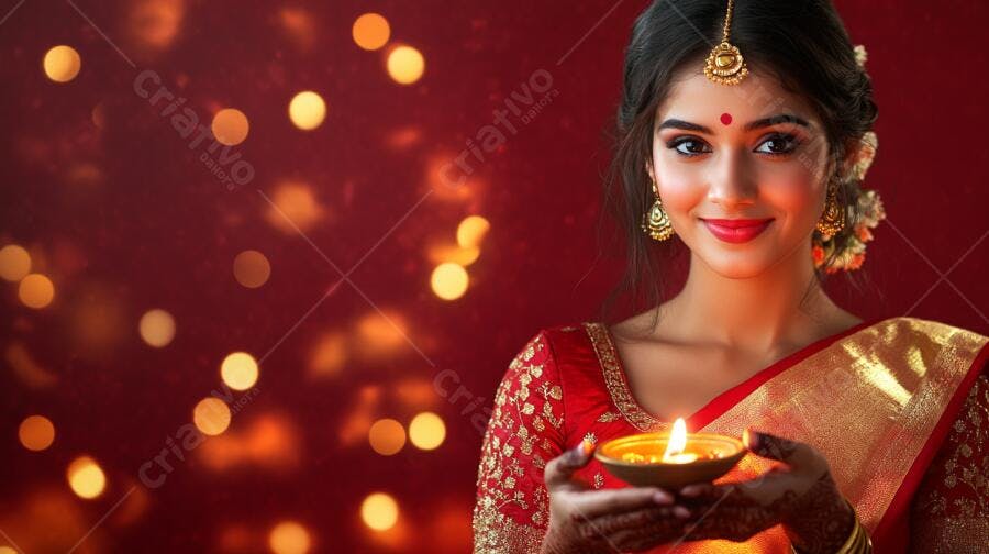 Mulher indiana sorridente com diya acesa celebrando Diwali em fundo vermelho