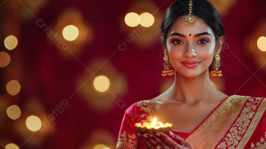 Mulher indiana de sari vermelho bordado segurando diya aceso em celebração de Diwali