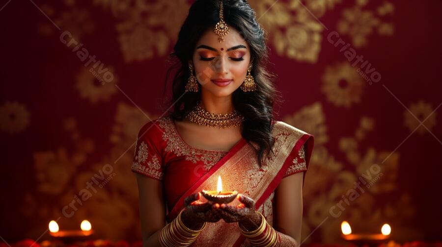 Mulher indiana celebrando Diwali em saree vermelho segurando diya aceso