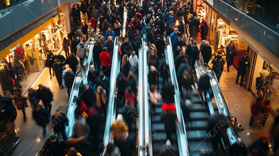 Multidão em movimento nas escadas rolantes de shopping center