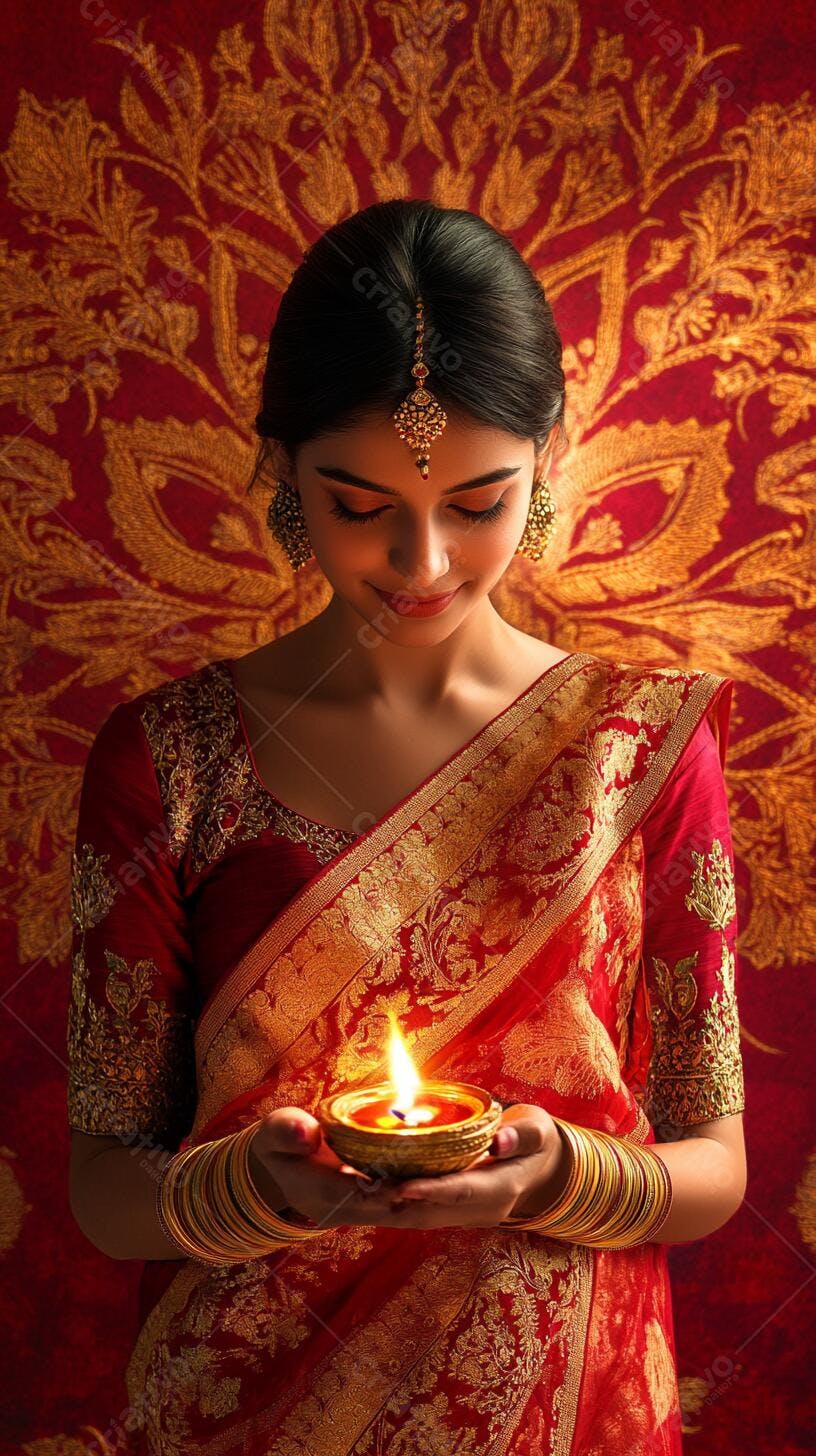 Mulher indiana de sari vermelho e dourado segurando diya acesa para Diwali