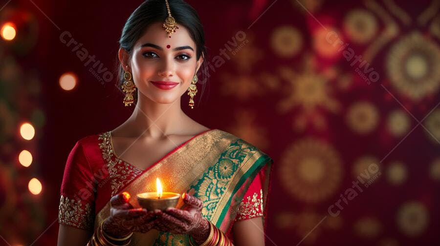 Mulher indiana sorrindo segurando diya em celebração Diwali festiva vermelha