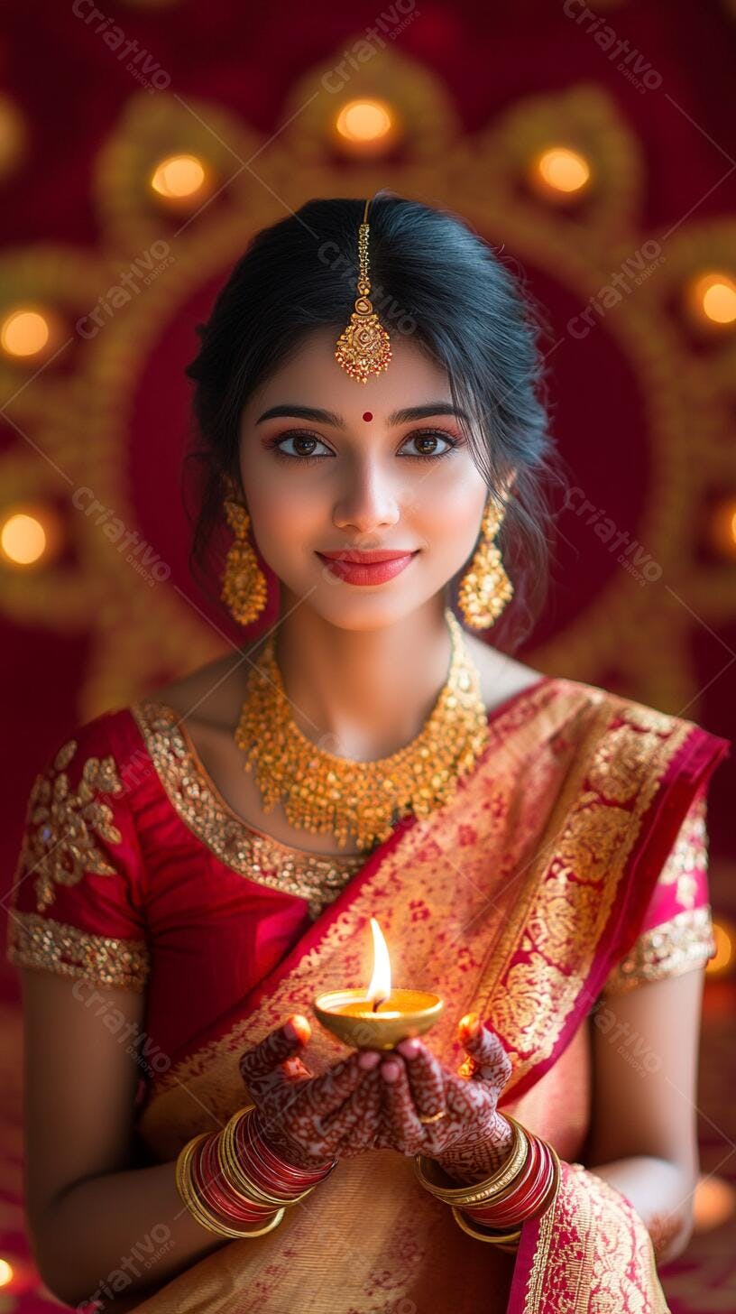 Retrato de mulher indiana com sari vermelho e dourado segurando diya aceso