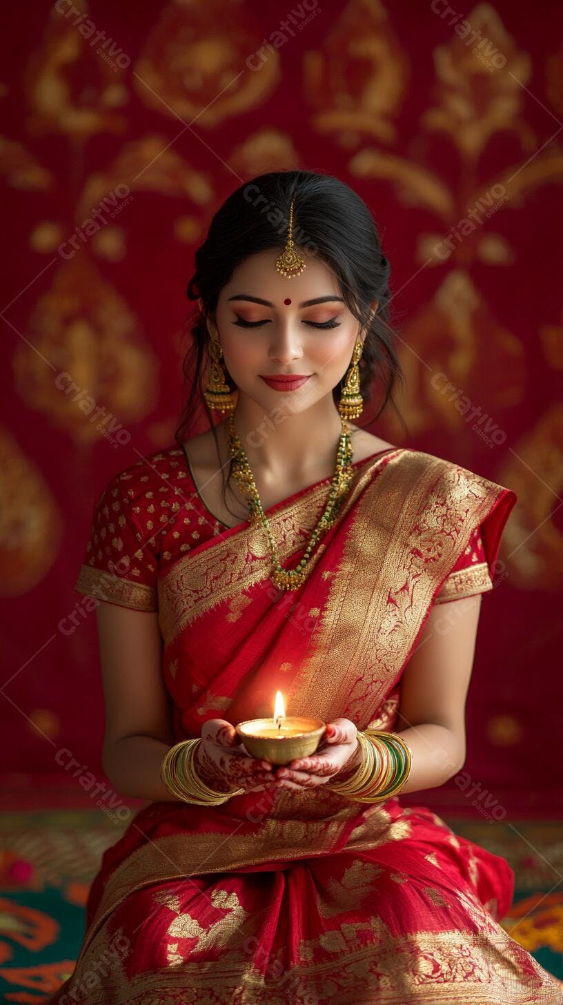 Mulher indiana em saree vermelho ouro segurando diya aceso Diwali