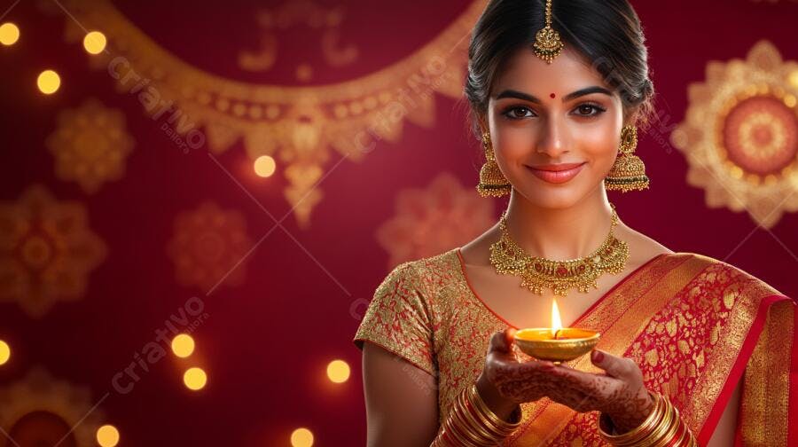 Jovem mulher indiana sorrindo com diya acesa em celebração de Diwali