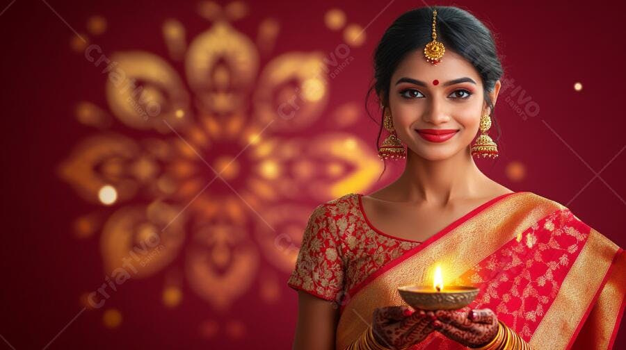 Mulher indiana com sari vermelho dourado sorrindo segura diya Diwali