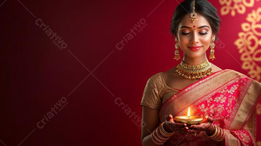 Mulher indiana com sari rosa e joias douradas segurando diya aceso para Diwali ou festival religioso