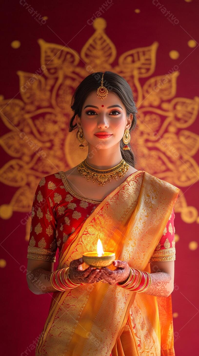 Mulher indiana sorrindo segurando diya em sari vermelho dourado festivo