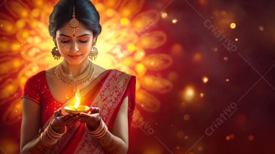 Mulher indiana de sari vermelho segurando diya acesa para o Diwali