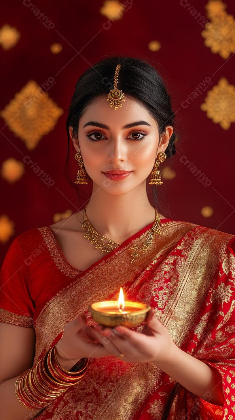 Mulher indiana jovem sorrindo em sari vermelho e ouro segurando diya para Diwali