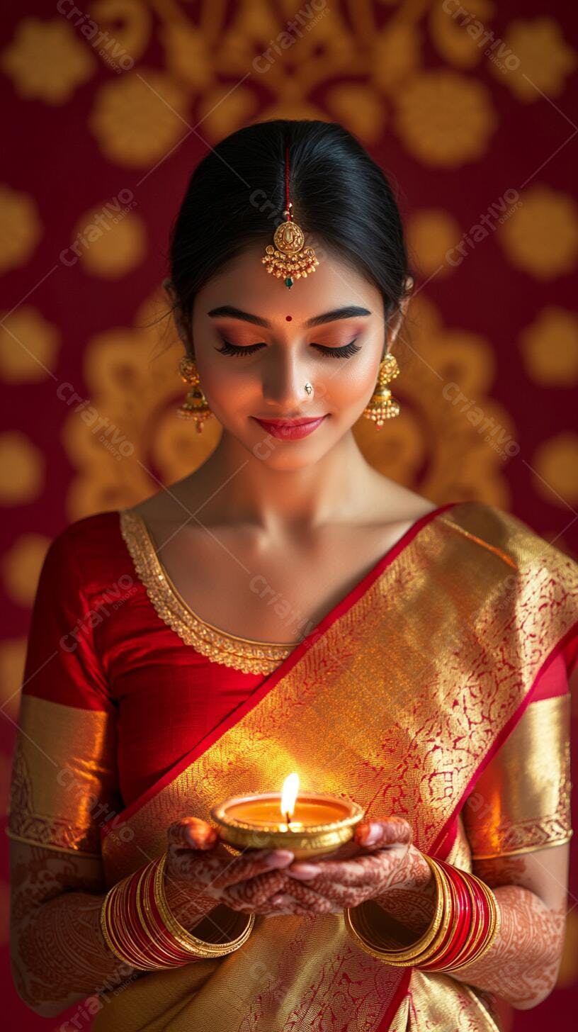 Mulher indiana segurando diya aceso em saree vermelho e dourado Diwali