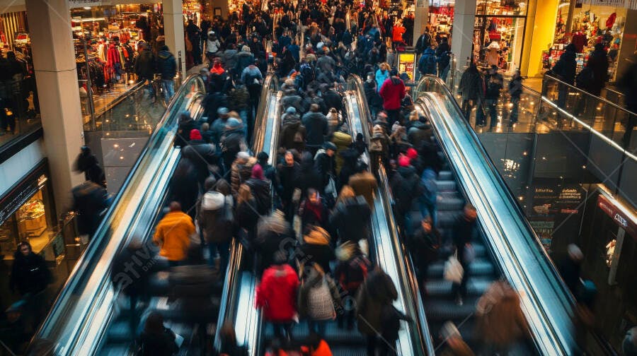 Pessoas movimentadas em escadas rolantes de shopping center durante hora de pico e compras