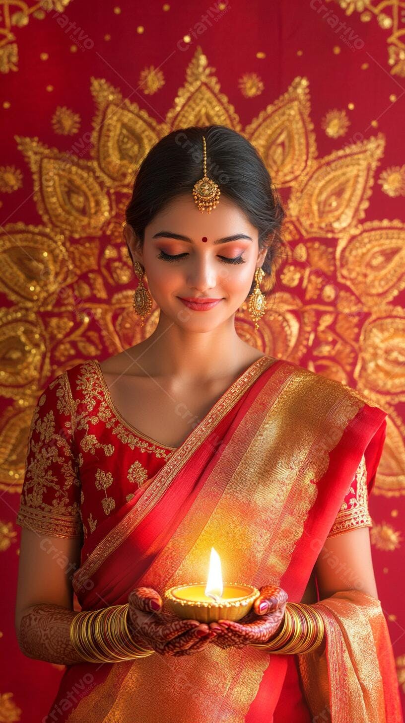 Mulher indiana em sari vermelho e dourado segurando diya acesa celebra Diwali