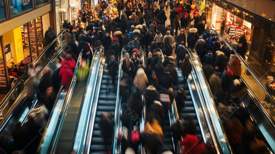 Pessoas movimentadas em escadas rolantes de shopping center durante compras
