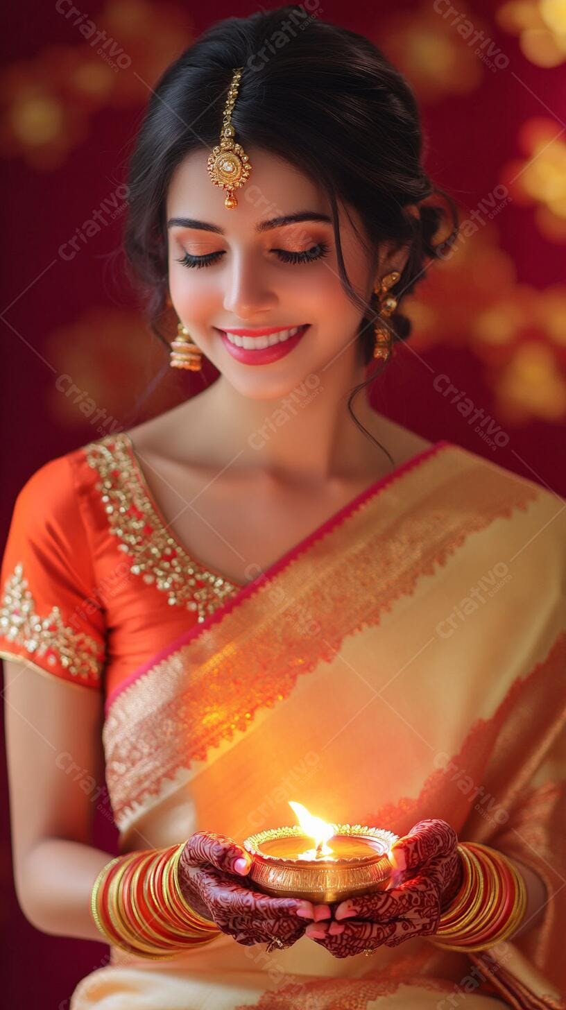 Mulher indiana sorrindo segurando diya aceso em sari dourado laranja celebração Diwali