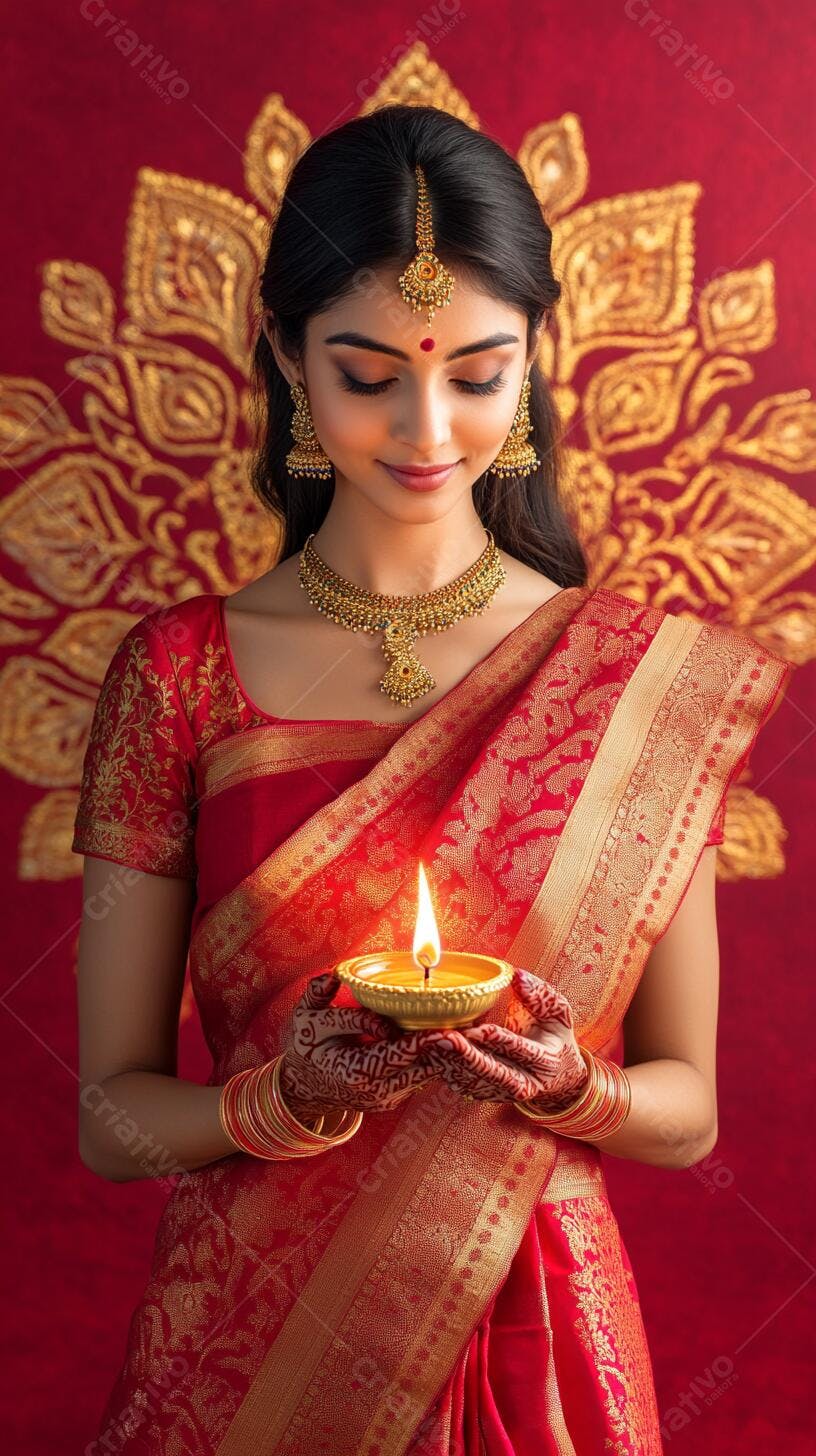 Mulher indiana celebra Diwali com diya aceso em sari vermelho e dourado