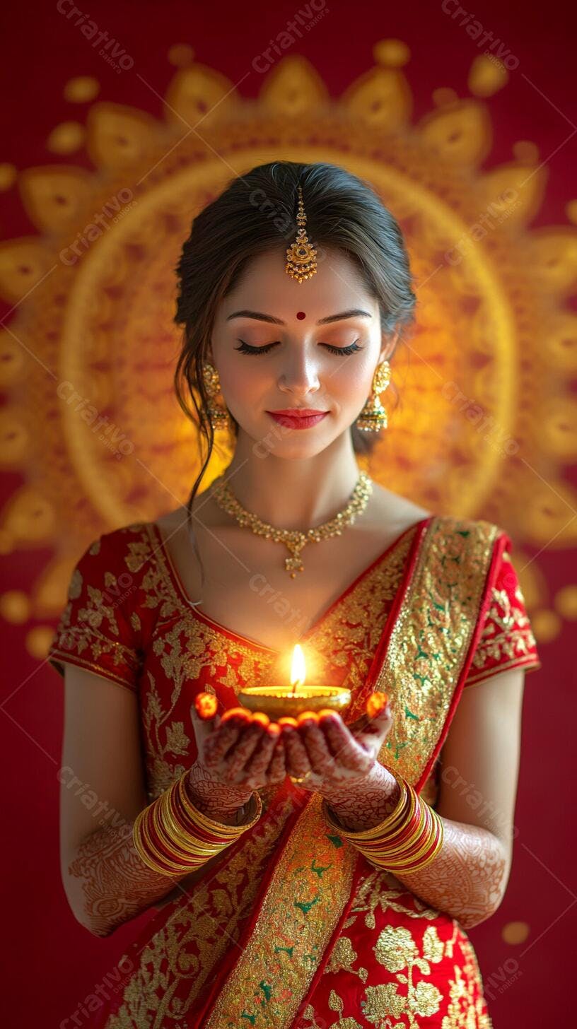 Jovem mulher indiana segurando diya acesa celebrando Diwali com sari vermelho dourado