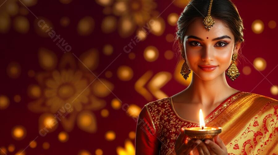 Mulher indiana sorridente com traje dourado vermelho segurando diya aceso Diwali