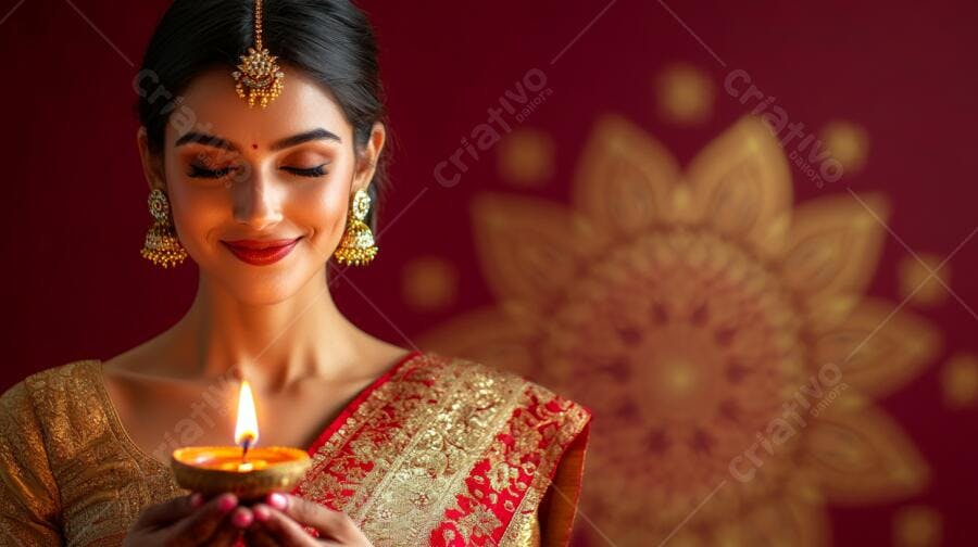Mulher indiana sorrindo com diya aceso em celebração Diwali