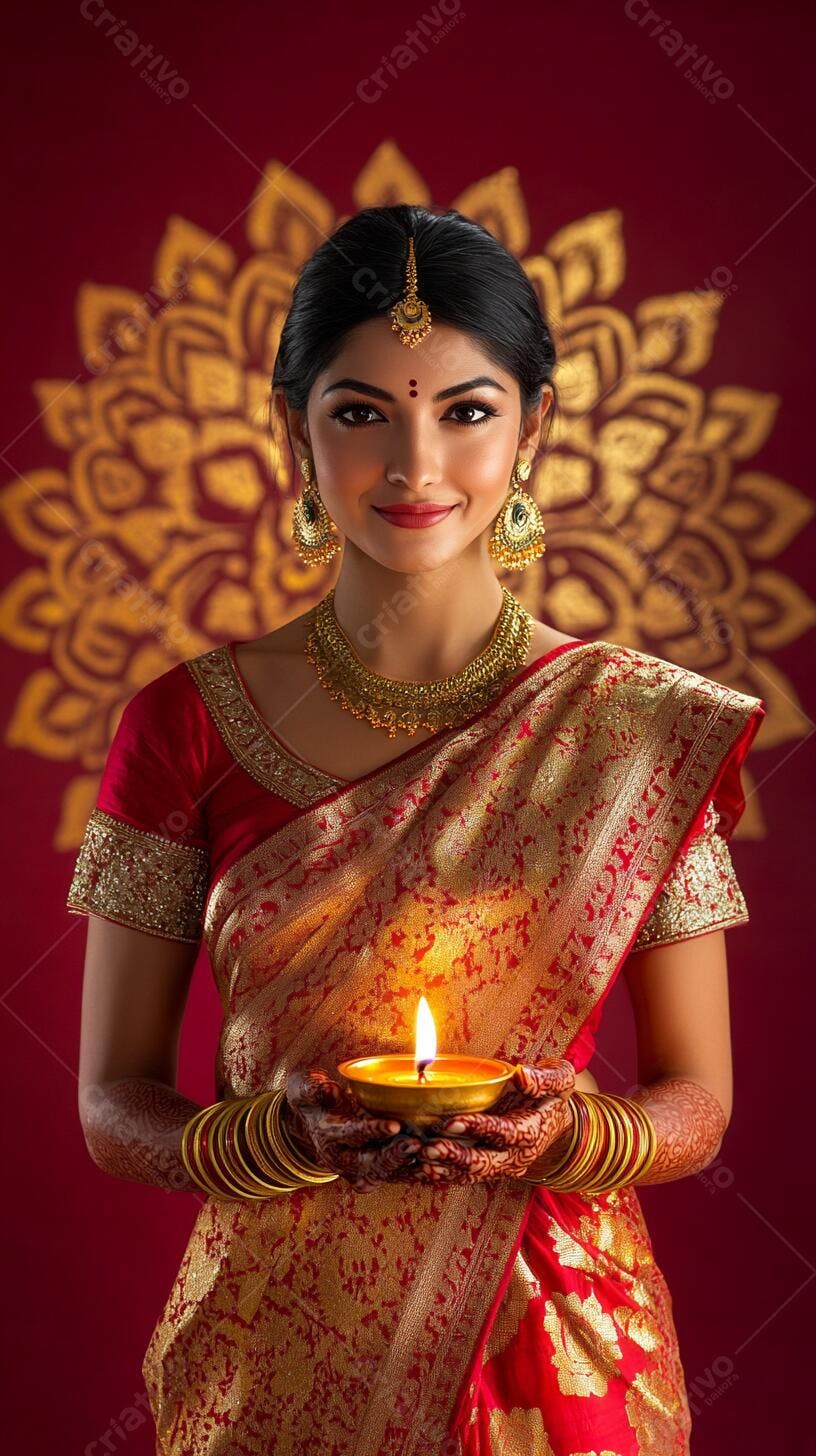 Mulher indiana sorridente em sari vermelho segurando diya aceso para Diwali