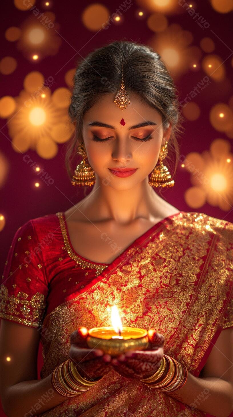 Mulher indiana segurando diya aceso vestindo sari vermelho e dourado em celebração Diwali festiva