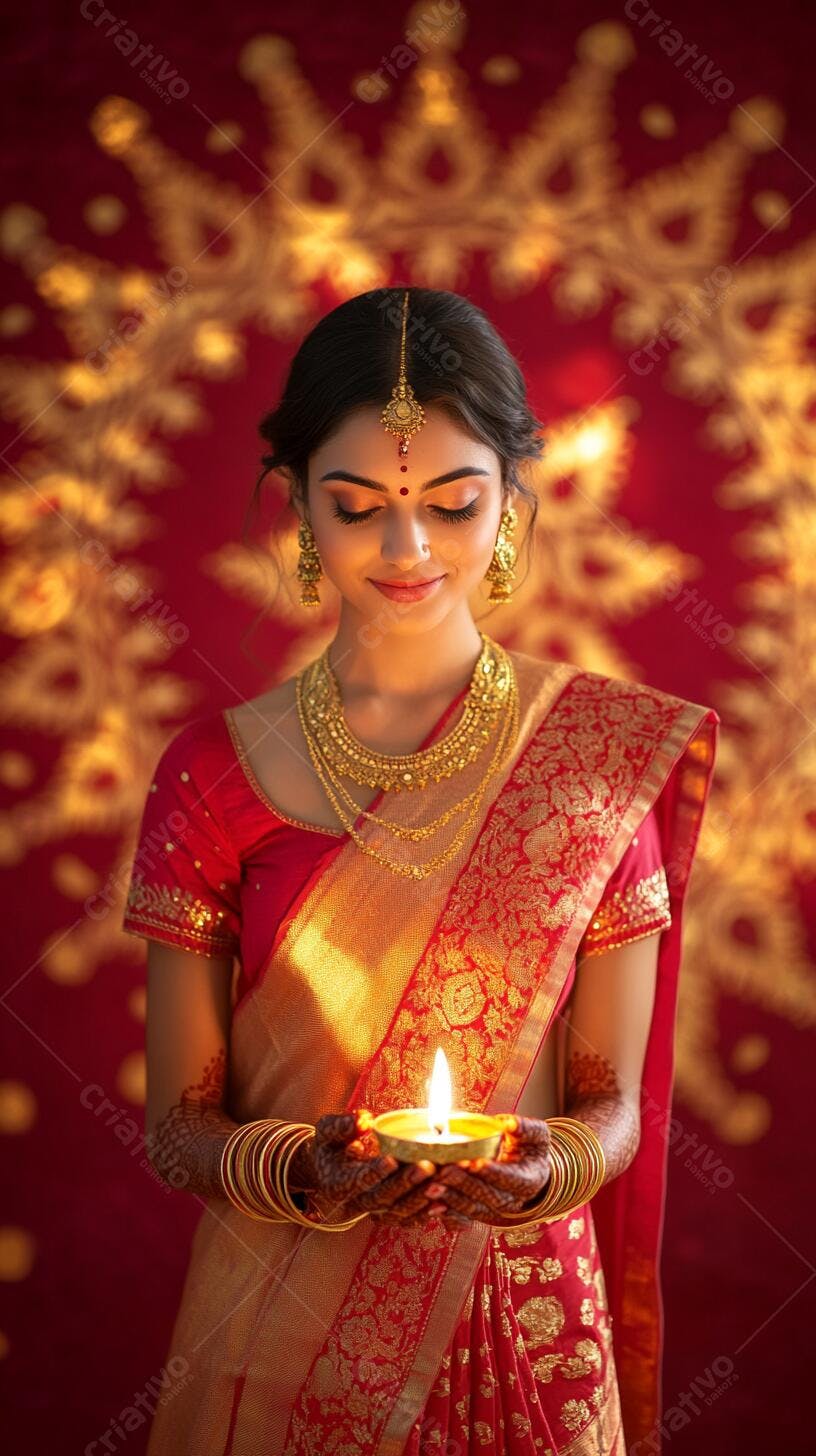 Mulher indiana com saree vermelho e joias douradas segurando diya acesa para Diwali